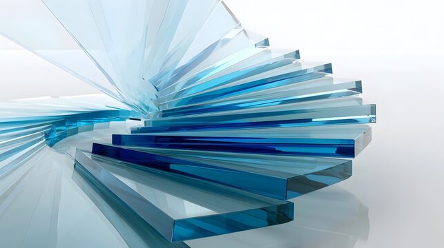 Abstract 3D Glass Wave Structure with Layered Translucent Blue Gradient Shapes on a Light Background, 3d render Stock Illustration