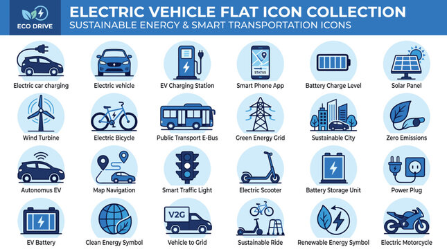 Electric Vehicle Flat Icon Collection, Sustainable Energy and Smart Transportation Icons, 24 Blue Eco Drive Vector Symbols for Green Mobility