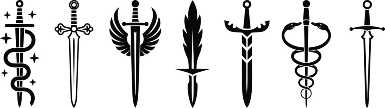 Fantasy Sword Tattoo vector illustration featuring magical blades dragon wings mystical snake fairy silhouettes medieval symbols dark linocut style and spiritual emblems