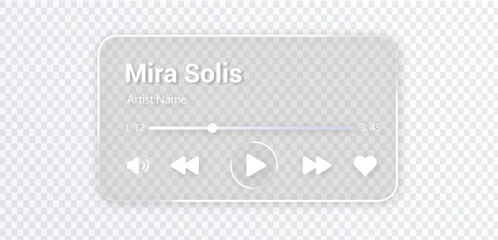 Liquid glass music player interface on transparent background with play button, progress bar and audio controls © GFXDesigner