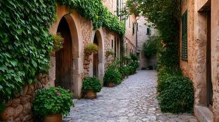 Fototapeta premium Narrow cobblestone alleyway flanked by stone buildings with arched doorways and lush greenery including potted plants and climbing vines