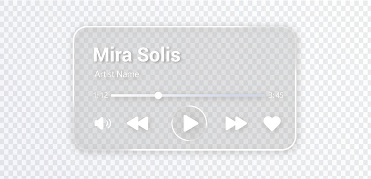 Liquid glass music player interface on transparent background with play button, progress bar and audio controls