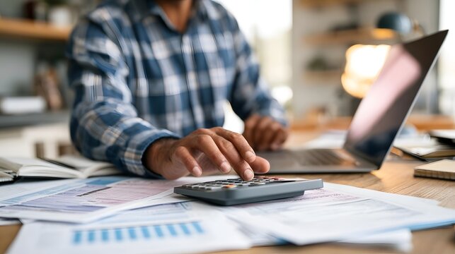 Accountant reviewing financial report and tax documents on laptop while using calculator for account analysis, real estate investment planning, expense management, and reporting workflow.