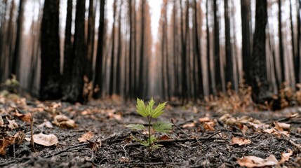 Fototapeta premium Single Green Seedling Sprouting from Ash on Burned Forest Floor After Wildfire
