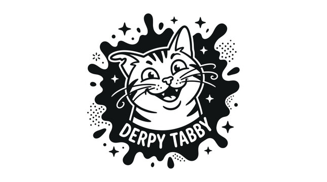 Funny Derpy Tabby Cat Face with Splatter Background, Cartoon Style
