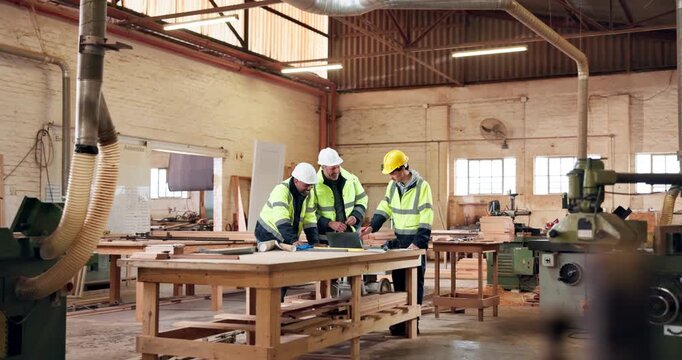Civil engineer, online and men with laptop in building, point and renovation progress report on web. Architect, team and happy people with blueprint, talking and planning for construction with tech