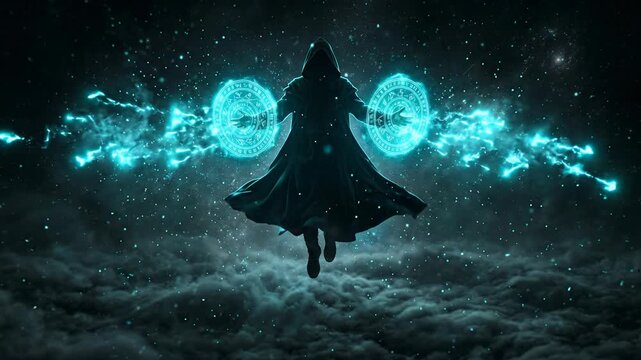 Mystical Sorcerers Night Magic Glowing Energy Orbs in Dark Fantasy Cosmos, Powerful Wizardry Against Starry Sky, Arcane Power Evokes Awe