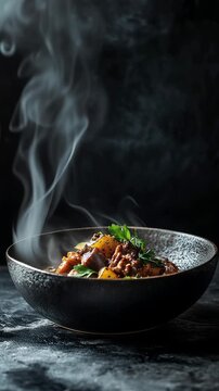 Delicious steaming hot beef stew with potatoes and parsley in a bowl, a traditional homemade meal with rising steam on a dark and moody restaurant table background