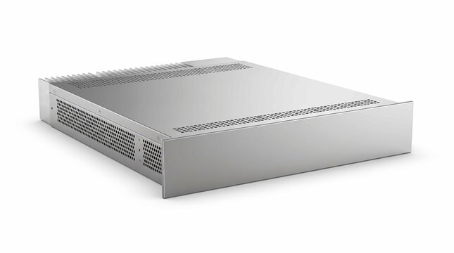 Sleek silver metallic server chassis featuring ventilation holes isolated on a clean bright white studio background