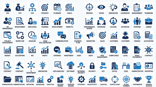 Corporate business icons set, professional management and finance vector symbols, blue and black office strategy and leadership icon collection