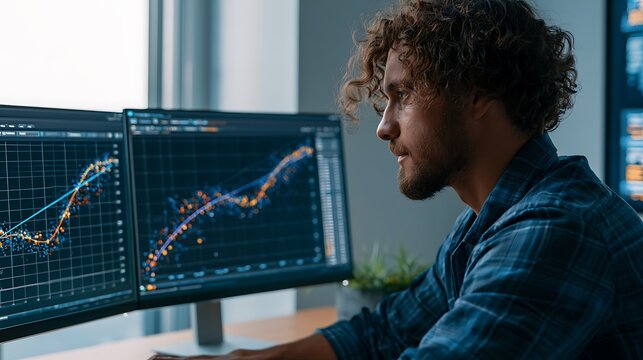 Man analyzing financial data on two computer screens with graphs