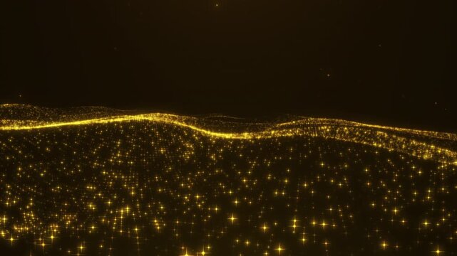 Golden particle data landscape loop with glowing grid for luxury fintech and tech background.