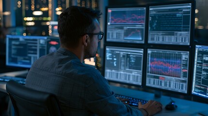 Fototapeta premium Man analyzing stock market data on multiple computer screens in office