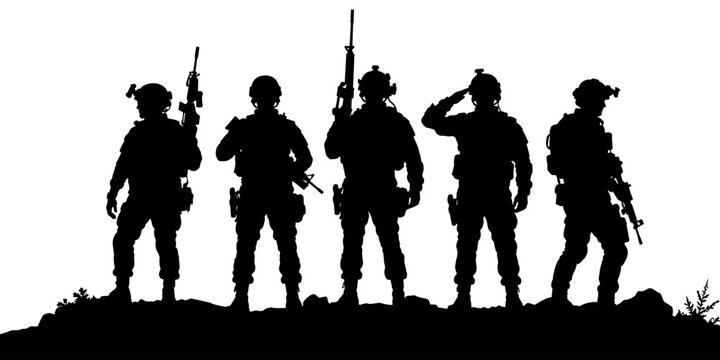 USA soldiers, veteran, military army and commando standing on mountain peak with weapon. Silhouette background of salute soldier or american army on memorial or 4th july independence day. Police force