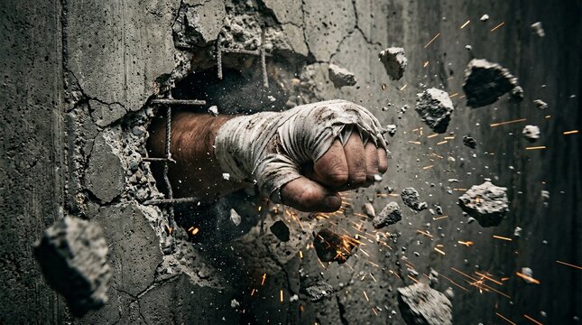 Powerful close up of a rugged hand wrapped in boxing tape smashing violently through a thick concrete wall causing exploding debris sparks.