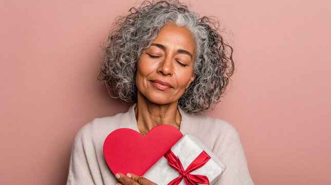 Senior woman with curly grey hair, eyes closed with a content smile, holding gift box and red heart-shaped card, Valentine's Day concept