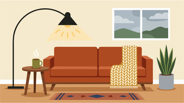 Cozy Brazilian winter living room with sofa, knitted blanket, steaming mug and floor lamp, minimalist flat vector illustration, warm earthy color palette