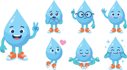 Fototapeta premium Cute water drop character set with cartoon blue droplets showing various emotions and poses for environmental education or aqua care vector illustration