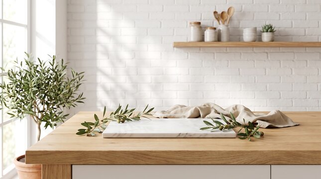 White Marble Board on Wood Counter with Olive Branches and White Brick Wall Background for Product Mockup Presentation.