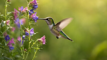 Fototapeta premium Close up photo of a hummingbird hovering near purple flowers in a garden. Vibrant colors and sharp detail ideal for botanical guides and spring season promotional designs.