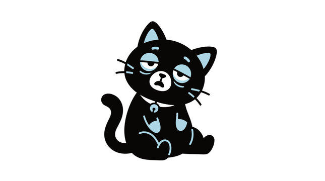 Tired black cat cartoon character with droopy eyes, sitting and looking bored, isolated on white background.