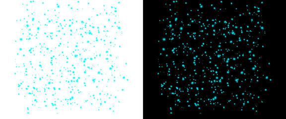 Cyan glitter dust overlay set, glowing blue sparkles on black and white backgrounds, magic particle effects for digital design png © Smart Studio