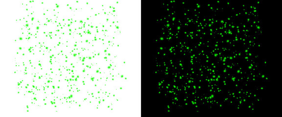 Green glitter dust texture on white and black backgrounds, glowing emerald sparkles pattern, abstract magic particle effect png © Smart Studio