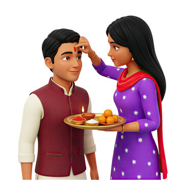 Sister applying tilak to brother's forehead