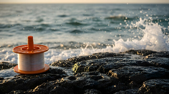 Fishing Line Spool on Dark Volcanic Lava Rocks | Fishing Reel Equipment with Crashing Ocean Waves | Coastal Sea Angling Outdoor Adventure Concept | Sunset Splashing Water Surf Fishing Detail