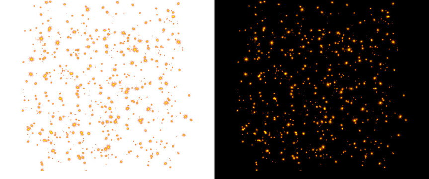 Golden glitter confetti overlay on black and white backgrounds, sparkling gold dust particles, festive shimmering sequins for holiday design