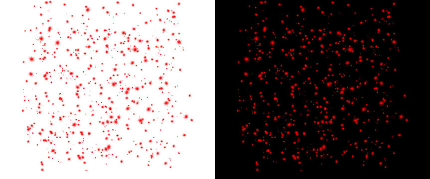 Red glitter confetti particles on white and black background, festive sparkling dust texture, shimmering ruby sequins for holiday celebration