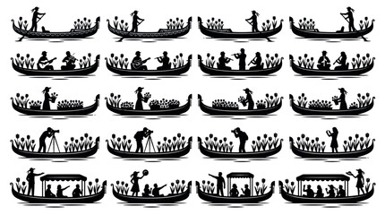 Tulip Canal Boat Celebration Silhouettes Sets Packs, Editable Vectors Strokes Illustrations. containing venice, silhouette, boat, tulip, flower, travel, water and mores Tulip Festivals silhouettes. © MasterTech