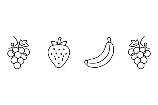Set of simple line art icons of fruits including grapes, strawberry and banana