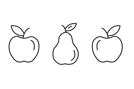 Set of simple line art icons of fruits including apples and a pear
