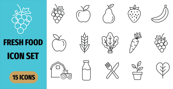 Fresh food icon set, collection of healthy food, vegetables, fruits, and farm products, thin line icons, vector illustration