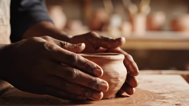 Hands mold clay into pottery while working at wheel. Pottery studio features rustic tools and earthy colors. Concept of craft, art, small business