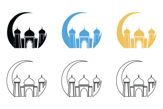 Set of mosque and crescent moon icons, islamic religious symbols for ramadan kareem and eid mubarak, vector illustration