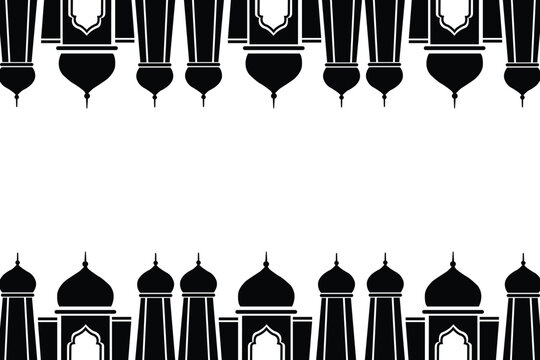 Seamless border pattern with mosque silhouettes on top and bottom
