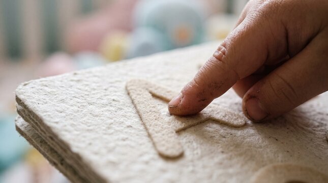 A hand traces a letter on a stack of textured paper sheets indoors.