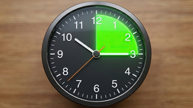 Analog clock with a vibrant green highlighted quarter segment, symbolizing time management, deadlines, progress, or 15 minutes.