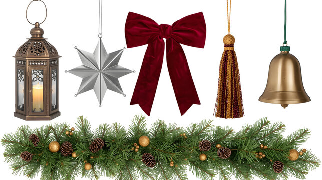 collage of various Christmas-themed decorations against a white background. On the left, there is an ornate bronze lantern with intricate patterns and a glowing candle inside. Next to it is a silver s