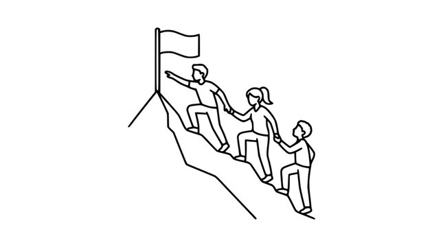 Teamwork climbing mountain to flag, success, goal achievement, partnership, leadership, motivation