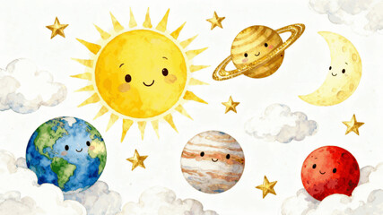 Solar System Cute Sun and Planets isolated watercolor vector illustration svg © Arun168