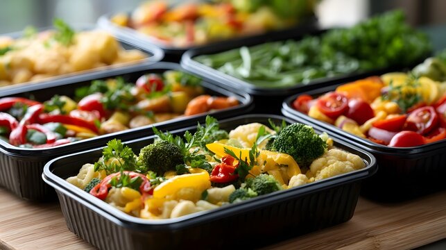 Colorful arrangement of fresh meal prep containers featuring various vegetables emphasizing a healthy lifestyle concept illuminated by natural light