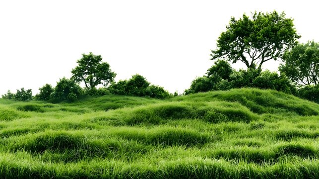 green grass on white background/Wide green meadow with trees and bushes isolated on a white background, panoramic natural landscape element for design use. Stock Illustration