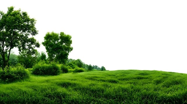 green grass on white background/Wide green meadow with trees and bushes isolated on a white background, panoramic natural landscape element for design use. Stock Illustration