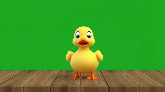 Cute cartoon duckling walking across green screen background with wooden floor vignette