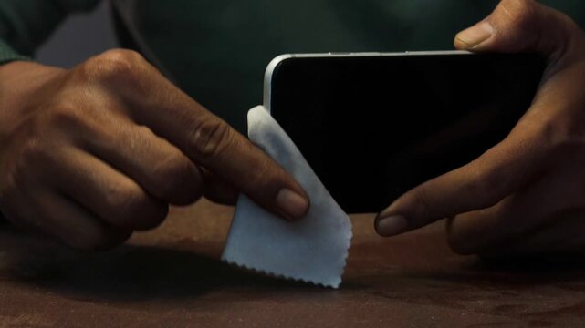 Close-up of an Asian man's hands cleaning a smartphone screen and frame with a cloth, sitting at a table in a room with a dark interior. Concept of device maintenance and hygiene.