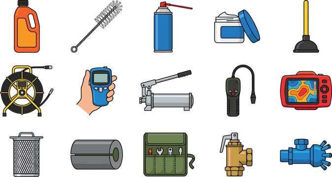 HVAC Service Tools Collection with Inspection Camera Drain Cleaner Leak Detector Pipe Filter Lubricants and Plumbing Maintenance Equipment Vector Elements