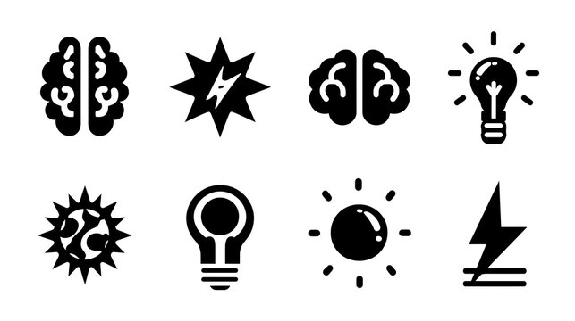 Inspiration solid icon set for brain brainstorm cognition dream innovation idea. Brain, brainstorm, and cognition Vector creativity symbols for app ui web design. Stock Vector